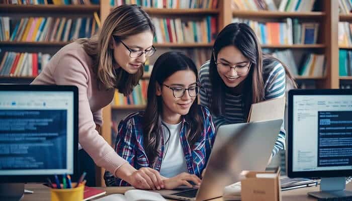 Learning models Group of students collaborating on laptops in a library, working together on projects and developing skills through modern learning models
