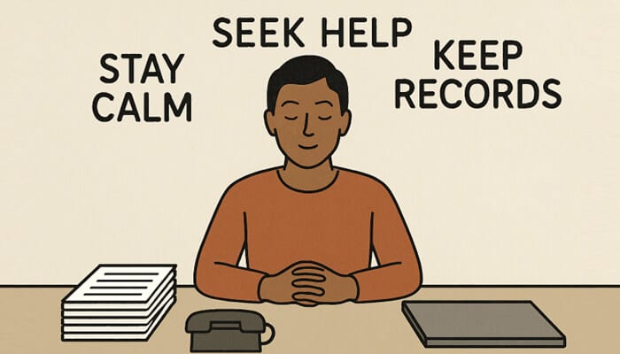 Falsely accused of assault An illustrated person sitting calmly at a desk with documents, a phone, and a folder, surrounded by the phrases ‘stay calm,’ ‘seek help,’ and ‘keep records,’ representing advice for someone falsely accused of assault.