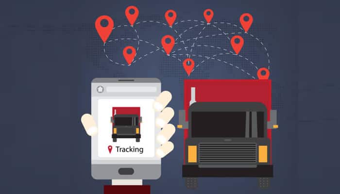 Fleet tracking An illustration showing a smartphone with a truck tracking app and multiple location pins connected across a map, alongside a delivery truck, representing gps-based fleet tracking and route monitoring.