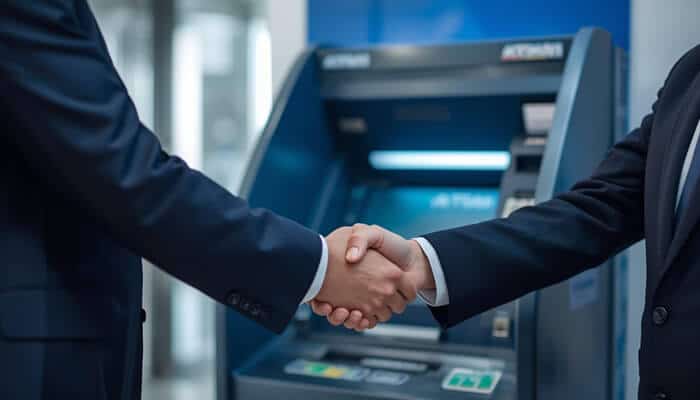 Choose a trusted fintech partner Business partnership handshake representing atm business agreement