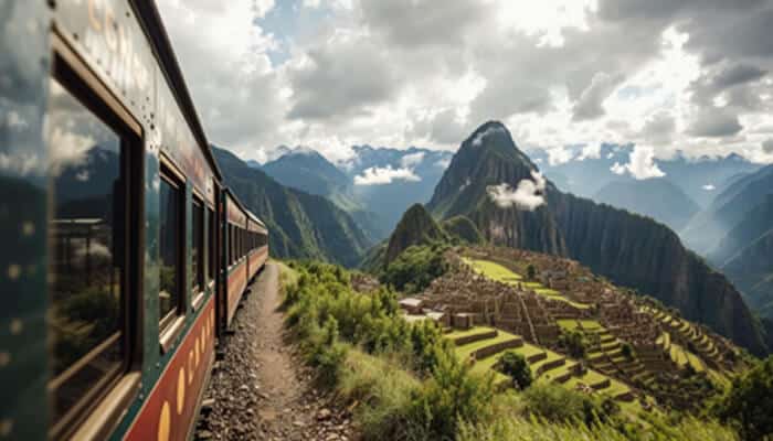 Choosing your path to the citadel | tycoonstory media A scenic view of the train journey leading to the machu picchu experience, showcasing the breathtaking landscape surrounding the ancient citadel.