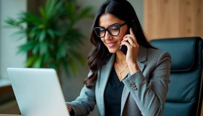 Contact your insurance company | tycoonstory media A professional woman wearing glasses is talking on the phone while working on her laptop in an office setting. She is engaged in a conversation, possibly discussing a left-turn accident case or insurance claim.