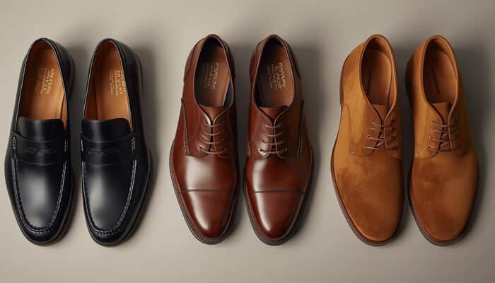 Business casual shoes Business casual shoes for men including black loafers, brown leather oxfords, and suede lace-up shoes arranged neatly