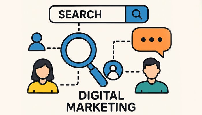 An infographic showing search, social media, and messaging icons connected to digital marketing strategies, emphasizing the various channels in marketing campaigns.