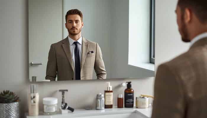 Grooming as a form of modern self-respect 1 | tycoonstory media Man in a suit looking at himself in the bathroom mirror, reflecting on grooming in modern lifestyle with skincare and personal care products on the counter.