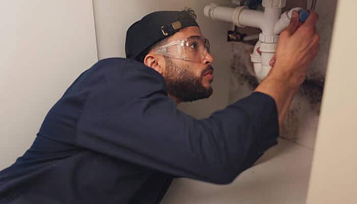 Higher water bills despite no change in usage patterns | tycoonstory media A person performing maintenance under a sink, inspecting plumbing for potential issues. This highlights the importance of early water leak detection to prevent water damage and higher utility bills.