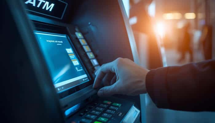 Atm business Customer withdrawing cash from an atm machine for atm business operations