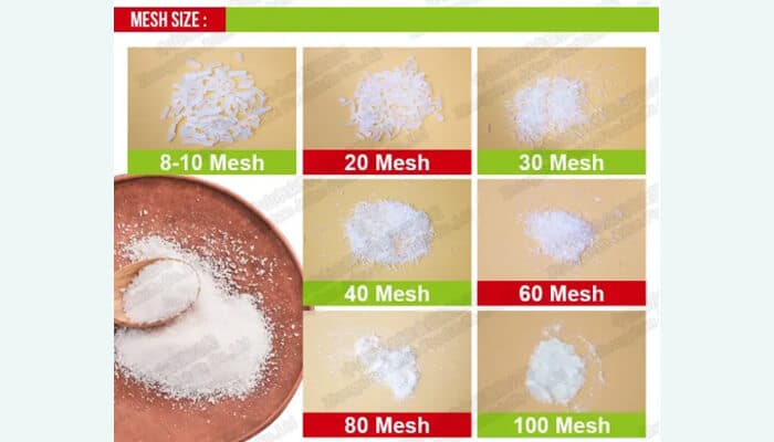 Purity and quality standards | tycoonstory media Different mesh sizes of monosodium glutamate from 8-10 mesh to 100 mesh, showing varying textures from coarse flakes to fine powder.