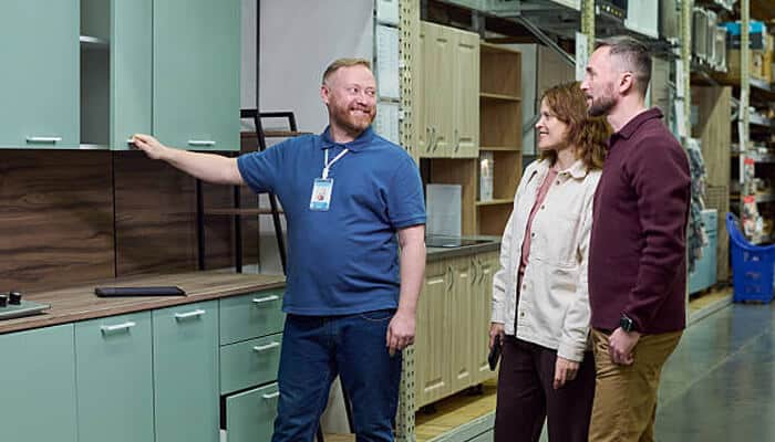 Reduced shipping and handling costs | tycoonstory media A store associate showing a couple a variety of kitchen cabinets wholesale, helping them choose the best options for their renovation project.