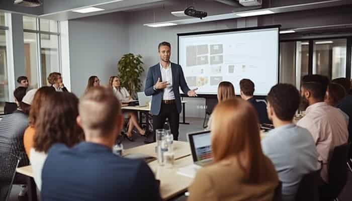 Seamless technology encourages participation | tycoonstory media Presenter leading a meeting with a projector screen, using audio visual solutions to enhance participation and communication.