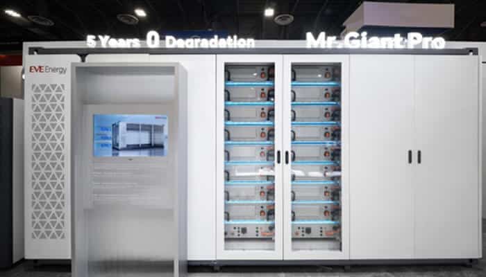 Total cost of ownership tco and augmentation | tycoonstory media Battery energy storage system (bess) showcased in a display featuring the mr. Giant pro model by eve energy, highlighting a system with zero degradation over five years.