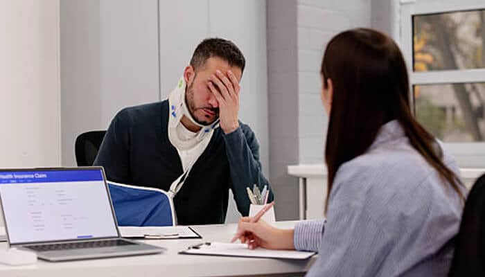 Why long-term injuries change claim value | tycoonstory media A man wearing a neck brace appears stressed while discussing his auto accident claims with a professional, highlighting the emotional and physical toll of navigating the claims process after an injury.