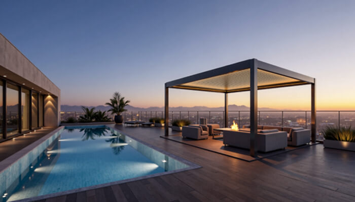 2 | tycoonstory media Beautiful modern outdoor pergolas with a pool and comfortable seating area, offering stunning views of the city skyline during sunset.