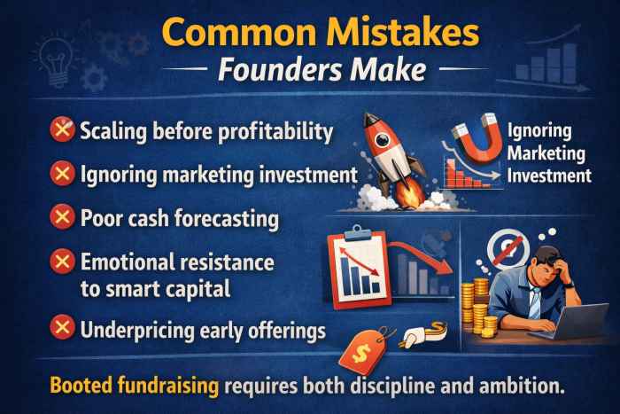 Common mistakes founders make in a startup booted fundraising strategy | tycoonstory media Infographic highlighting common mistakes founders make in a startup booted fundraising strategy, including scaling too early and poor cash management.