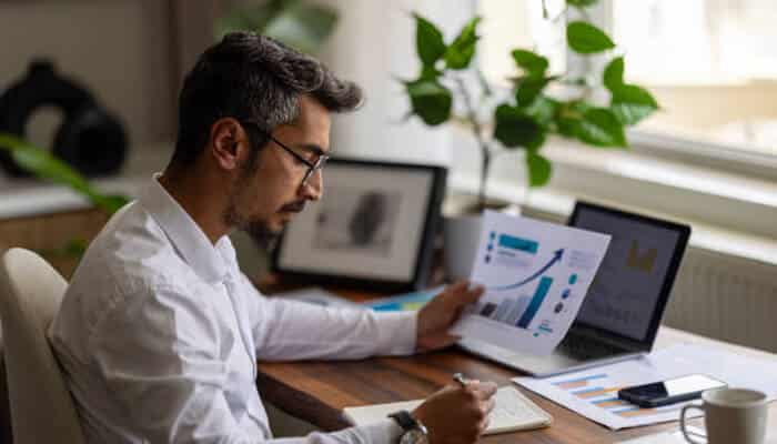 Access to information has improved confidence | tycoonstory media A professional reviewing graphs and charts on alternative assets in a modern office setting. The analysis focuses on growth trends, with clear focus on financial investments.