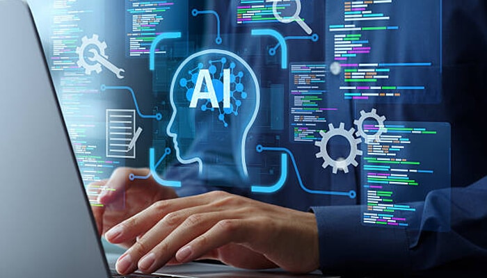 Ai-driven software development automation | tycoonstory media Developer working on a laptop with visual overlays of code, gears, and an ai interface, illustrating ai-driven software development through intelligent automation, coding assistance, and system optimization.