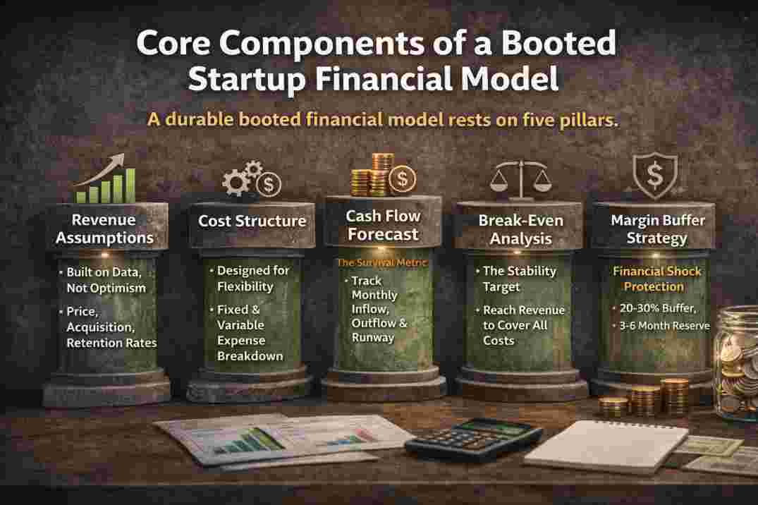 Core components of a booted startup financial model | tycoonstory media Core components of a booted startup financial model displayed as five pillars representing revenue assumptions, cost structure, cash flow forecast, break-even analysis, and margin buffer strategy.