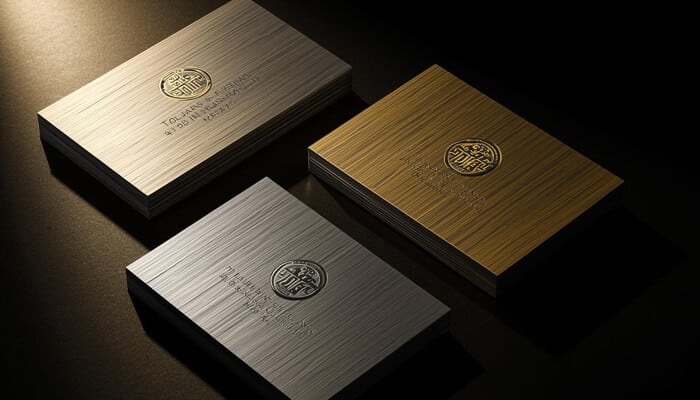 Custom metal business cards for strategic brand differentiation | tycoonstory media The image displays luxurious metal business cards in silver, gold, and bronze, each embossed with a logo, offering a modern design for brand differentiation.