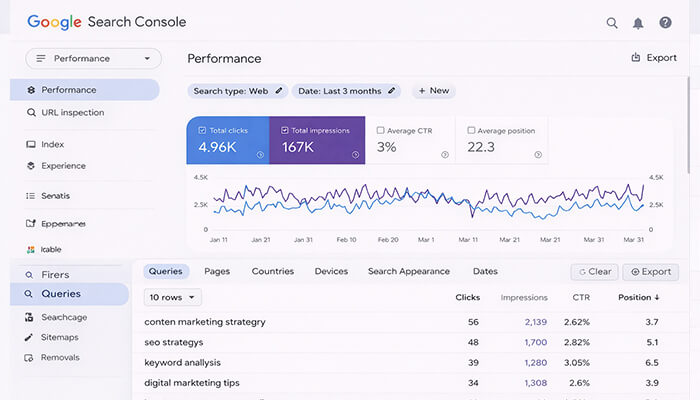 Google search console - tycoonstory media | tycoonstory media Google search console performance report showing total clicks, impressions, ctr, and average position for a website over the last three months.