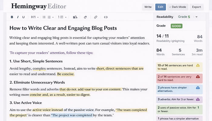 Hemingway editor - tycoonstory media | tycoonstory media Hemingway editor showing tips for writing clear blog posts, emphasizing short sentences, avoiding unnecessary words, and using active voice.