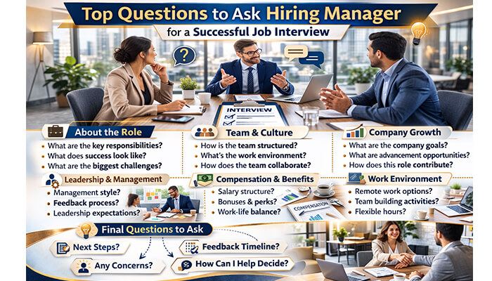 Hiring manager | tycoonstory media An infographic highlighting key questions to ask hiring manager during a job interview, covering role responsibilities, team structure, company goals, and work environment.