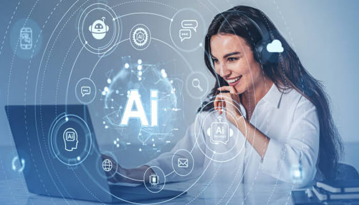 How to evaluate an ai integration partner | tycoonstory media A woman smiling while using a laptop, surrounded by ai icons. The image highlights ai integration consulting’s role in helping businesses harness ai for efficiency and decision-making.
