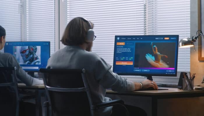 Imagineart ai video generator | tycoonstory media Two individuals working at their computers, using best ai tools for creating marketing visuals to design and generate creative content with ai-powered software.