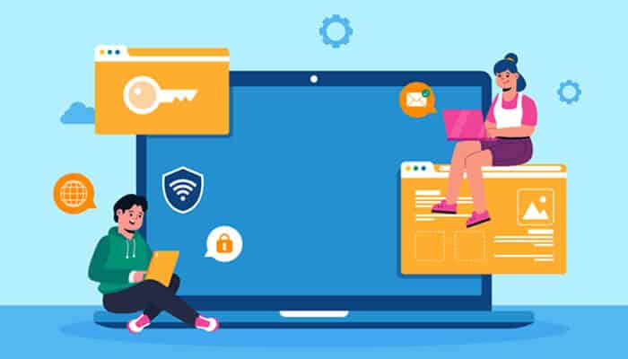 Key security features every business website needs from hosting | tycoonstory media Illustration showing users and a secure laptop interface highlighting key security features like encryption, passwords, and data protection.