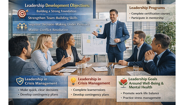 Leadership | tycoonstory media An infographic showcasing leadership goals focused on crisis management, team-building, decision-making, and mental health, with leadership development programs and objectives.