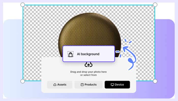 Maintain visual harmony1 | tycoonstory media User interface showing an ai background generator tool with a product image placed on a transparent background, illustrating drag-and-drop background removal and visual harmony for digital design.