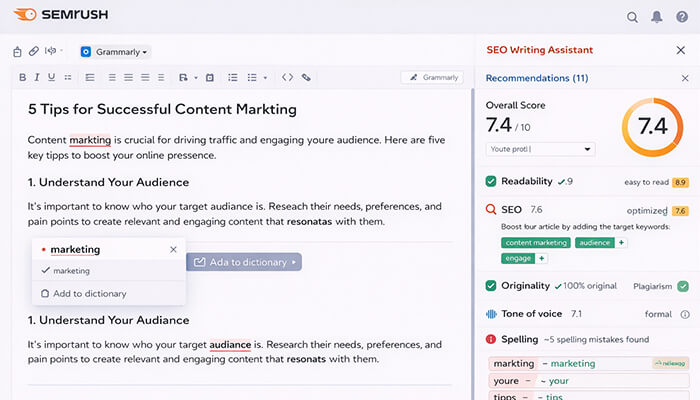 Semrush - tycoonstory media | tycoonstory media Semrush seo writing assistant with spelling suggestions like correcting'marketing' and 'youre', and offering SEO and readability recommendations for a content marketing article.