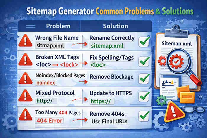 Sitemap generator common problems and solutions | tycoonstory media Infographic showing common sitemap generator spellmistake issues like incorrect file names, broken xml tags, mixed protocols, and 404 errors with solutions for seo.