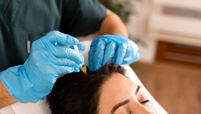 Stem cell therapy clinics | tycoonstory media A medical professional administering stem cell therapy on a patient’s scalp, as part of a treatment for hair restoration. The patient is receiving the therapy while lying comfortably.