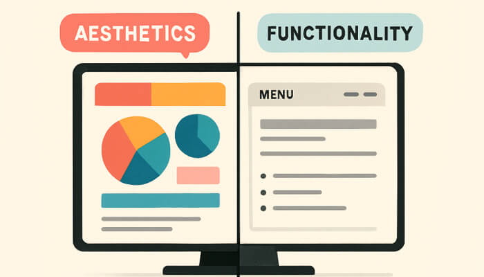 The importance of aesthetic appeal | tycoonstory media A graphic showing the balance between aesthetics and functionality in web design, emphasizing their importance when building websites for a user-friendly experience.