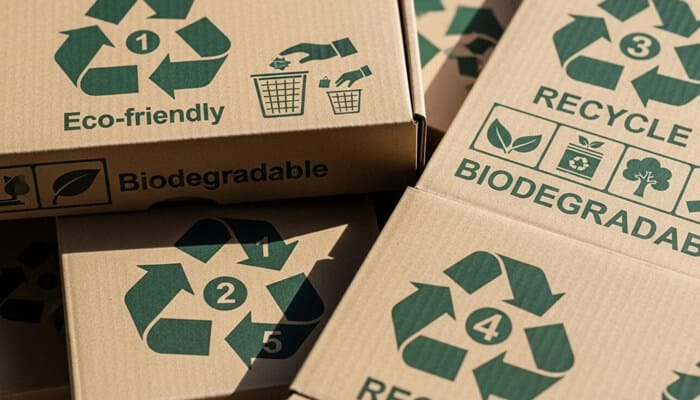 The reusable design revolution in nyc corporate events | tycoonstory media Eco-friendly cardboard boxes with recycling symbols and biodegradable labels, representing the reusable design revolution through sustainable packaging and responsible reuse practices.