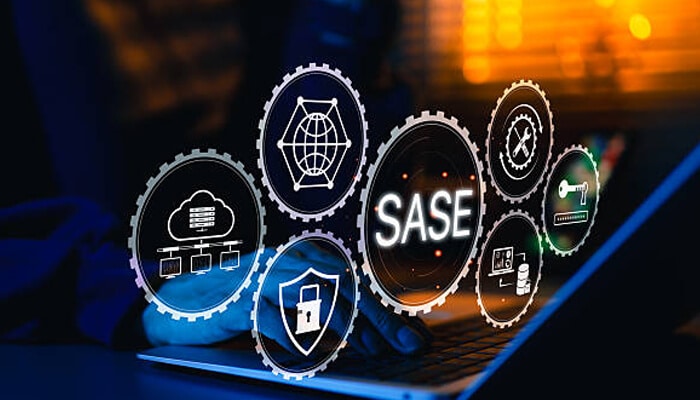 What is sase | tycoonstory media A person using a laptop with icons representing cloud security, and the comparison of sase vs vpn vs sd-wan, highlighting modern network security and connectivity solutions.