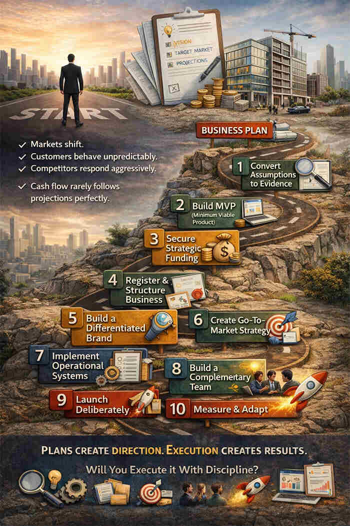 10 steps after creating a business plan entrepreneur execution roadmap 2026 | tycoonstory media 10 steps entrepreneur execution roadmap after creating a business plan infographic showing market validation, build mvp, secure funding, register business, branding, go to market strategy, launch and scale growth