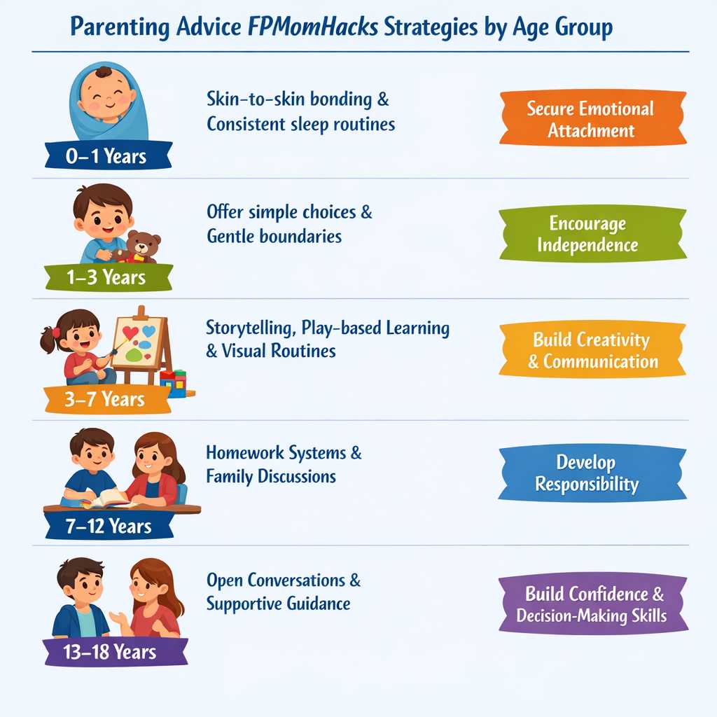 Parenting advice fpmomhacks strategies by age group infographic | tycoonstory media Parenting advice fpmomhacks strategies by age group infographic showing parenting techniques and developmental goals for babies, toddlers, children, and teenagers.