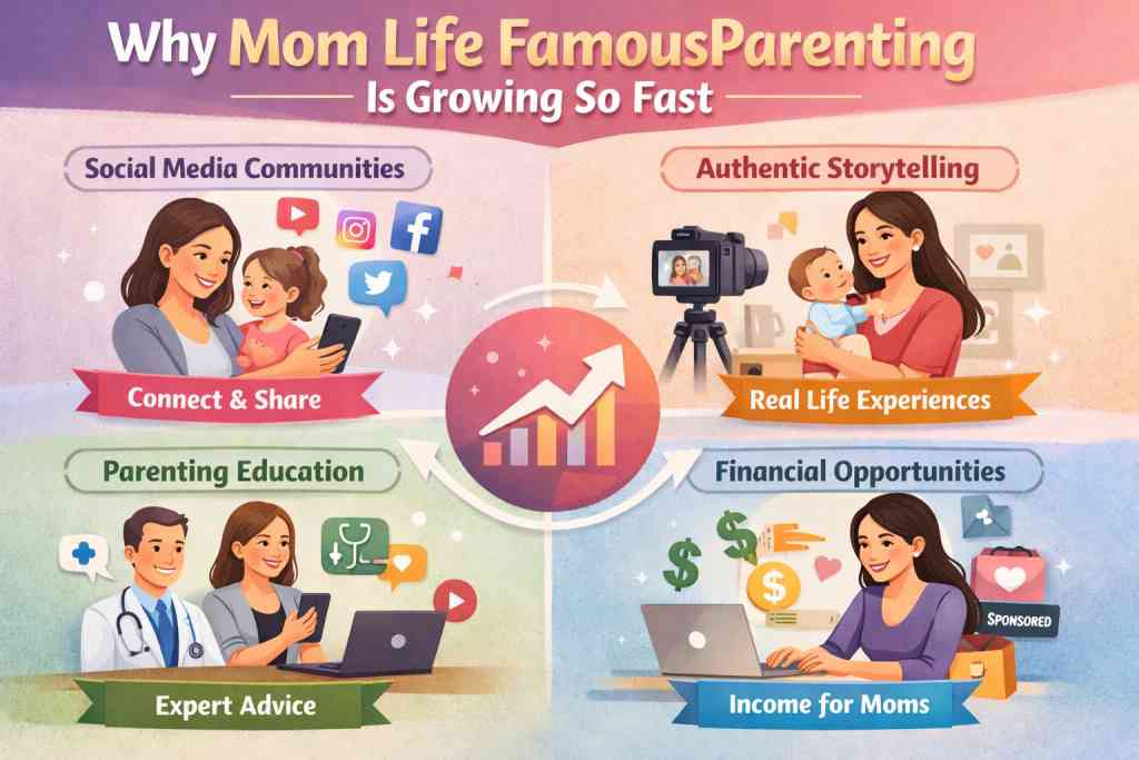 Why mom life famousparenting is growing so fast – digital parenting trends | tycoonstory media Infographic showing why mom life famousparenting is growing fast through social media communities, authentic storytelling, parenting education, and financial opportunities for moms.