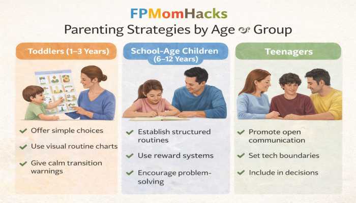 Fpmomhacks parenting strategies by age group – famousparenting parenting tips guide | tycoonstory media Fpmomhacks parenting strategies by age group showing parenting tips for toddlers, school-age children, and teenagers based on fpmomhacks parenting advice by famousparenting