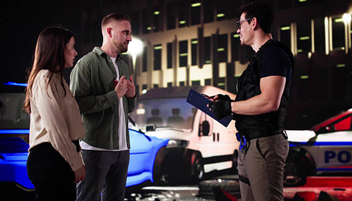 Admitting fault at the scene | tycoonstory media A police officer speaks with a couple at the scene of a car accident, documenting the incident. This moment could be crucial in the process of filing car accident claims.
