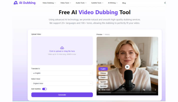 Ai video | tycoonstory media Ai video dubbing tool interface showcasing the process of uploading a video for dubbing in multiple languages. The tool supports translations in over 20 languages with different voice tones for high-quality dubbing.