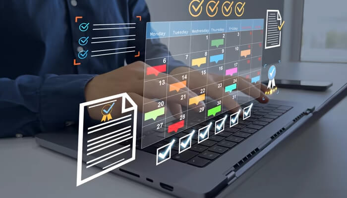 Automate repetitive marketing tasks | tycoonstory media A person using a laptop with a digital calendar and task list, illustrating how to automate and organize marketing efforts to elevate your marketing strategy and boost productivity.