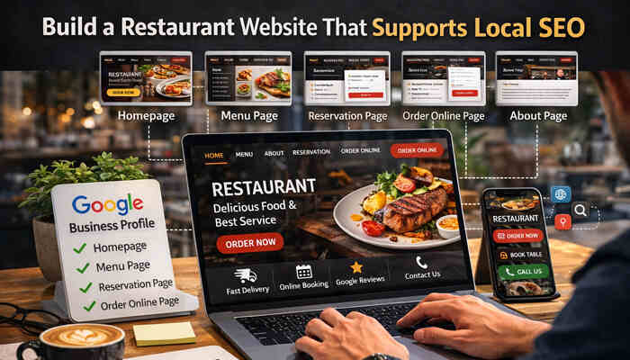 Build a restaurant website that supports local seo | tycoonstory media Local seo for restaurants website design showing homepage menu reservation and order online pages optimized for google business profile and local search rankings