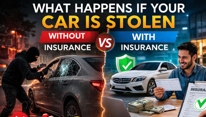 What would happen if your car were stolen and you didn’t have auto insurance? | tycoonstory media A comparison of the consequences when your car is stolen, highlighting the difference between having insurance and not having it. The image illustrates what would happen if your car were stolen and you didn’t have auto insurance versus having it, with visuals showing a stolen car and a person receiving an insurance payout.