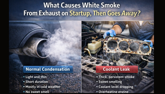 Causes of white smoke from exhaust | tycoonstory media Comparison graphic showing normal condensation from a car exhaust versus white smoke caused by a coolant leak.