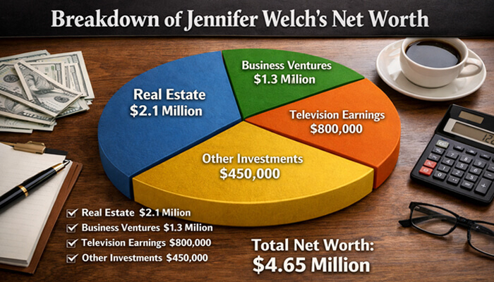 Breakdown of jennifer welch’s net worth - tycoonstory | tycoonstory media Pie chart showing breakdown of jennifer welch’s net worth including real estate, business ventures, tv earnings, and investments.