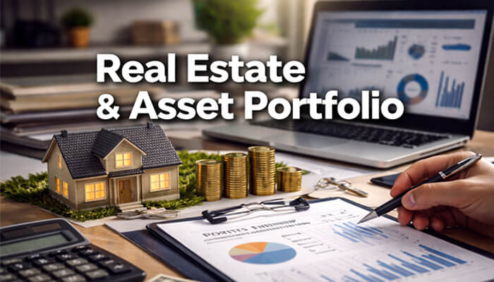 Real estate & asset portfolio - tycoonstory | tycoonstory media Real estate and asset portfolio concept with house model, coins, laptop analytics, and financial documents.