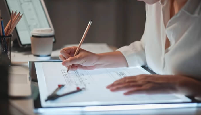 Copy to create | tycoonstory media A person working on 3d modeling, carefully sketching on a lightbox with drafting tools while surrounded by a coffee cup and pencils on a desk.