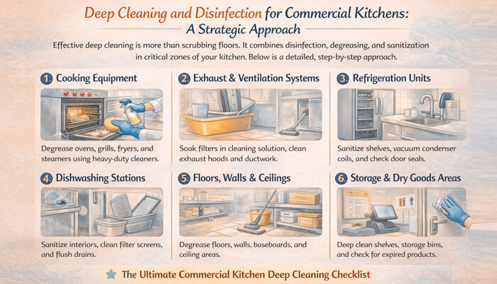 Deep cleaning and disinfection for commercial kitchens | tycoonstory media An infographic showing a detailed step-by-step approach for commercial kitchen deep cleaning, covering key areas like cooking equipment, exhaust systems, refrigeration units, dishwashing stations, floors, walls, ceilings, and storage areas.